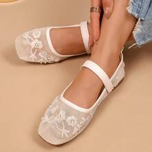 Women's Luxury Mesh Floral Embroidery Beaded Closed-Toe New Premium PU Single Strap Hook And Loop Mary Jane Flat Vacation Style Breathable Soft Sole Slip-On Sandals For All Seasons, Party Rhinestone Loafers - Beige - View 1