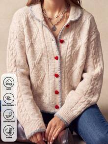 Cardigan Rajut Kancing Bentuk Hati, Sweater Rajut Kabel Klasik untuk Hadiah Natal & Musim Dingin - Aprikot - View 2