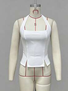 Women's Summer Tank Tops Sleeveless Square Neck Cami Flared Hem Zipper Back Shirts Top - 白色 - 查看 3
