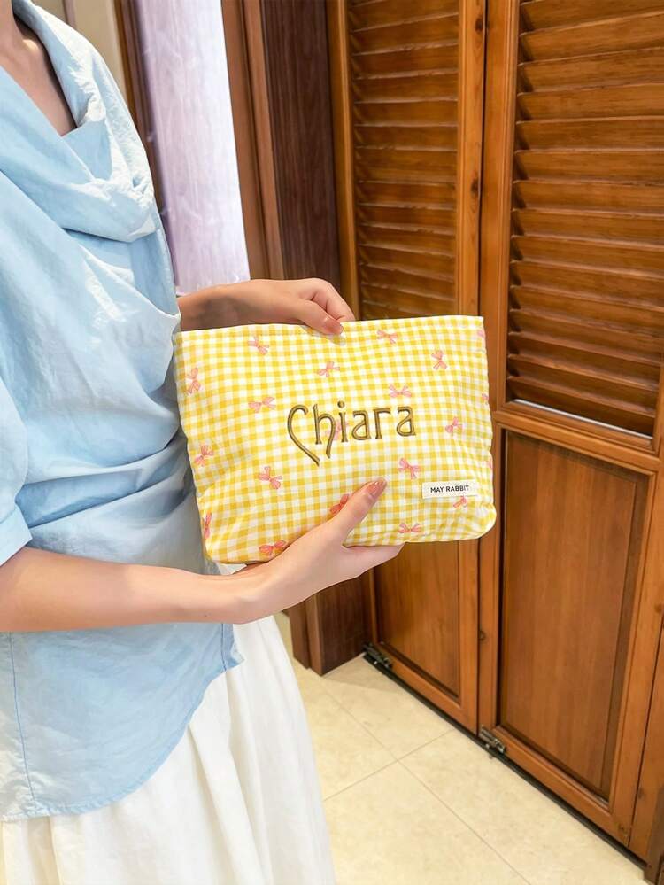 1pc Customized Embroidered Plaid Bowknot Cosmetic Pouch, Large Capacity Zippered Storage Bag, Suitable For Students/Office Workers, Daily Storage/Travel Organizer Set, Supports Exclusive Customization, Sweet Style Makeup Bag, Fresh Spring/Summer Design - Multicolor - View 3