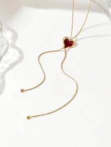 1pc Spring/Summer New Minimalist Elegant Y-Shaped Women's Necklace, Fashionable Personalized Round Snake Chain, Geometric Brushed Round Disc, Color Block Heart Pendant, Tassel Long Sweater Chain, Daily Wear, Gift Metal Style Versatile Accessory - Red - View 3