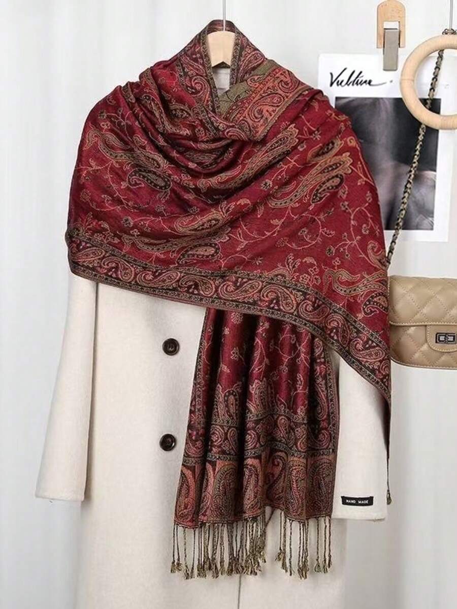 1件酒紅色經典腰果流蘇長圍巾 女款中式刺繡披肩 2合1防曬裝飾頭巾 - 紅色 - 查看 1