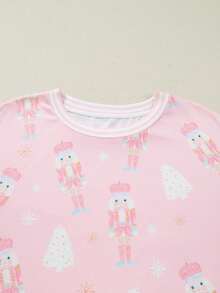 Acelitt Pink Christmas Tree & Nutcracker Print Striped Contrast Trim Long Sleeve Top And Casual Shorts Set - Pink - View 6