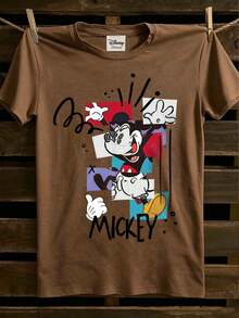 Vintage Street Style T-Shirt, Made Of High-Quality Fabric, Printed With Disney Mickey Mouse Logo Pattern, Men's Crew Neck Short Sleeve T-Shirt - Coffee Brown - View 1