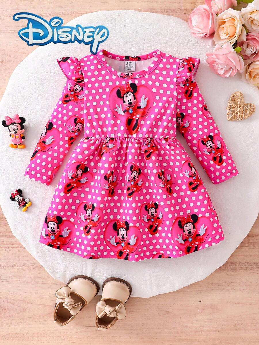 Disney Mickey Mouse Autumn/Winter Long Sleeve Dress, Featuring Cute Minnie Mouse Cartoon Print, Slight Stretch, Suitable For Girls' Daily Wear, Perfect As A Holiday Gift - Hot Pink - View 1