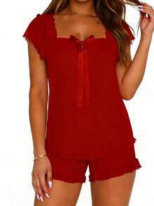 Square Neck Bow Ruffle 2 Piece Sleep Set For Women, Mesh Layer Trim Cami Top  Short, Coquette Soft Lightweight Loungewear Night Wear - Burgundy - View 6