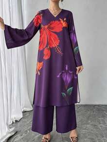 2pcs Women's Set, Purple Placement Print Crafted V-Neck Pullover Top + Elastic Waist Skirt, Elegant Luxury Arabic Style Outfit Fall - Purple - View 8