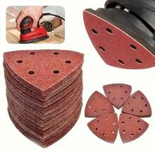 10/50pcs Triangular Sandpaper Red Flocked Self-Adhesive Triangular Sanding Disc 6-Hole 90*90*90mm For Wood Sanding, Grit 60/80/120/180/240/320 - Red - View 3