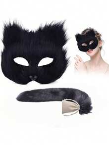 1pc/Set-Animal Costume Props, Cat Fox Mask, Fluffy Tail Decoration, Cosplay, Cosplay, Long Haired Fox Mask, Tail, Halloween White Plastic Half Face Mask, Makeup Ball, Carnival - Mask Tail - View 6