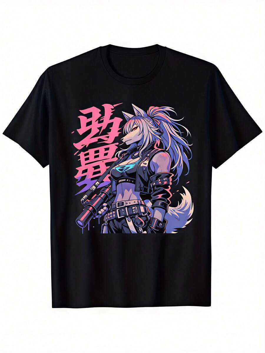 rror-Grafik-T-Shirt - 100% Baumwolle 180GSM Retro Loose Fit Kurzarm-T-Shirt mit pelzigem Wolf & rosa/lila Grunge-Artwork - Unisex Casual Streetwear-Oberteil (S-XXXL, Schwarz) - Perfektes Geschenk für Anime-Fans - Schwarz - Übersicht 1