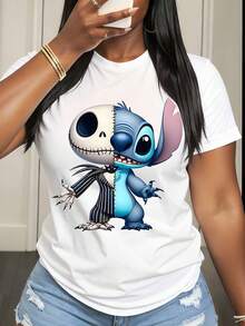 Disney Jack Skellington And Stitch Character Print T Shirt Women Casual Summer Fashion Streetwear Style - 白色 - 查看 1