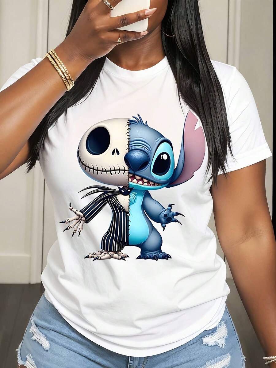 Disney Jack Skellington And Stitch Character Print T Shirt Women Casual Summer Fashion Streetwear Style - 白色 - 查看 1
