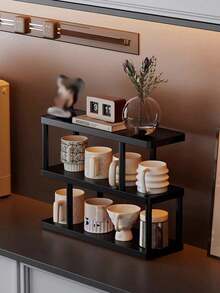 1pc Modern Black 3-Tier Storage Shelf, Multi-Layer Shelf - Freestanding Multi-Tier Storage Rack, Black Frame, Suitable For Kitchen, Bathroom, Bedroom - Space-Saving Home Decor Storage Shelf, Minimalist Design, Durable And Easy To Clean, Multifunctional Compact Storage Solution Combining Aesthetics And Practicality. Perfect For Displaying Books, Cups And Small Items. - Black - View 2