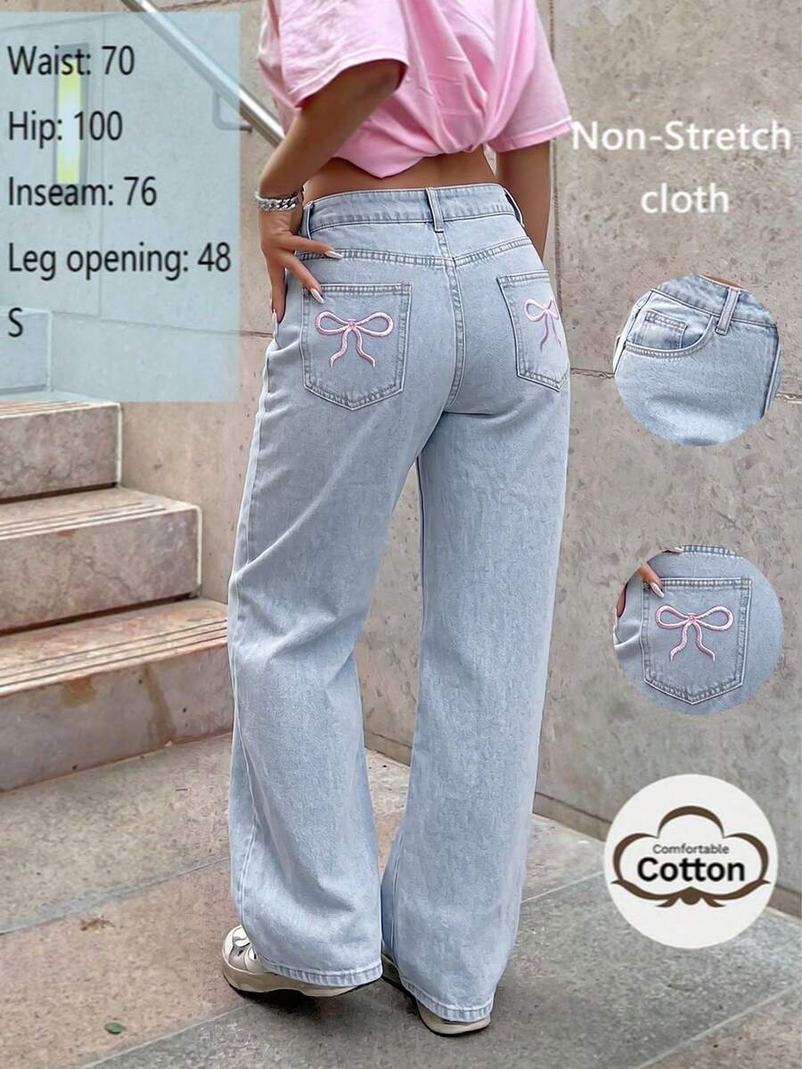 Quần jeans nữ ống đứng màu sáng cổ điển với túi sau thêu họa tiết, thích hợp mặc hàng ngày vào mùa xuân. - Rửa nhẹ - Xem 1