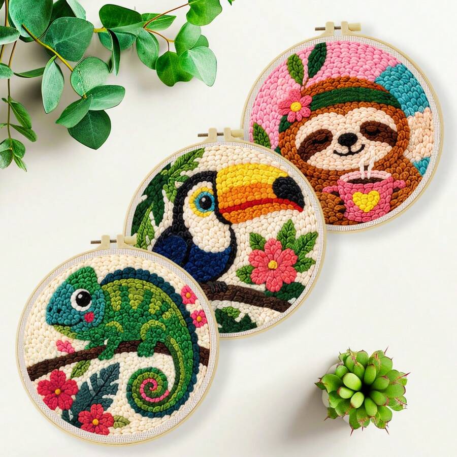 DIY Punch Needle Embroidery Kit, Includes Punch Needle, Yarn, Instructions, Embroidery Hoop And Pre-Printed Pattern Fabric, Animal Pattern, Suitable For Home Wall Decor, Perfect Gift For Family And Friends, 20X20cm (7.87X7.87 Inches)