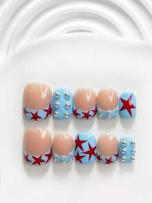 10Pcs Unique Style Handmade Press On Nail,Polygel Nail Set,Polka Dot And Star Designs,Blue And Red Nail Polish,Lively Style,Includes Nail Tools,3 Sizes Available,Square,Short Square,Almond,Nails For Party,Dance,Daily Wear. - 彩色 - 查看 19