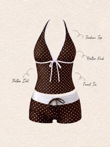 New Summer Fresh Sweet Cute Style Brown And White Polka Dot Color Block Halter Neck Bikini Set With Shorts For Beach Vacation And Casual Wear - Multicolor - View 2