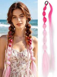 24 Inch Colorful Lantern Bubble Ponytail Wig, Heat-Resistant Synthetic Fiber, Elastic Band Fashion Braided Ponytail With Laser Line, Suitable For Women's Festival Events And Parties - Multicolor - View 14