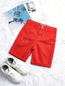 Young Boy Black Denim Shorts With Embroidered Logo, Distressed Wash, Adjustable Elastic Waistband, Stretch Denim Knee Length Pants - Red - View 14
