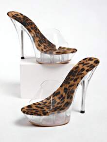 女款性感透明水晶粗跟涼鞋，夏季新款，夜店舞台秀場高跟鞋 - 棕色 - 查看 4