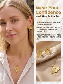 1 Set Women's Fashion Jewelry, Stainless Steel Waterproof Hypoallergenic Fade-Resistant Gold Geometric Ginkgo Leaf Necklace And Earrings, Y2K Millennium Cool Sweet Hot Girl Style Gold Leaf Accessories, Women's Beach Vacation Travel Photo Matching Off-Shoulder Spaghetti Strap Short Dress, Graduation Season Anniversary Valentine's Day Romantic Gift - Multicolor - View 3