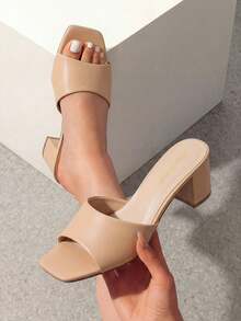 Women Chunky Low Heel Mule Sandals, Comfortable Square Open Toe Slide Sandals Slip On, Versatile Minimalist Chunky Heel Sandals - Apricot - View 4