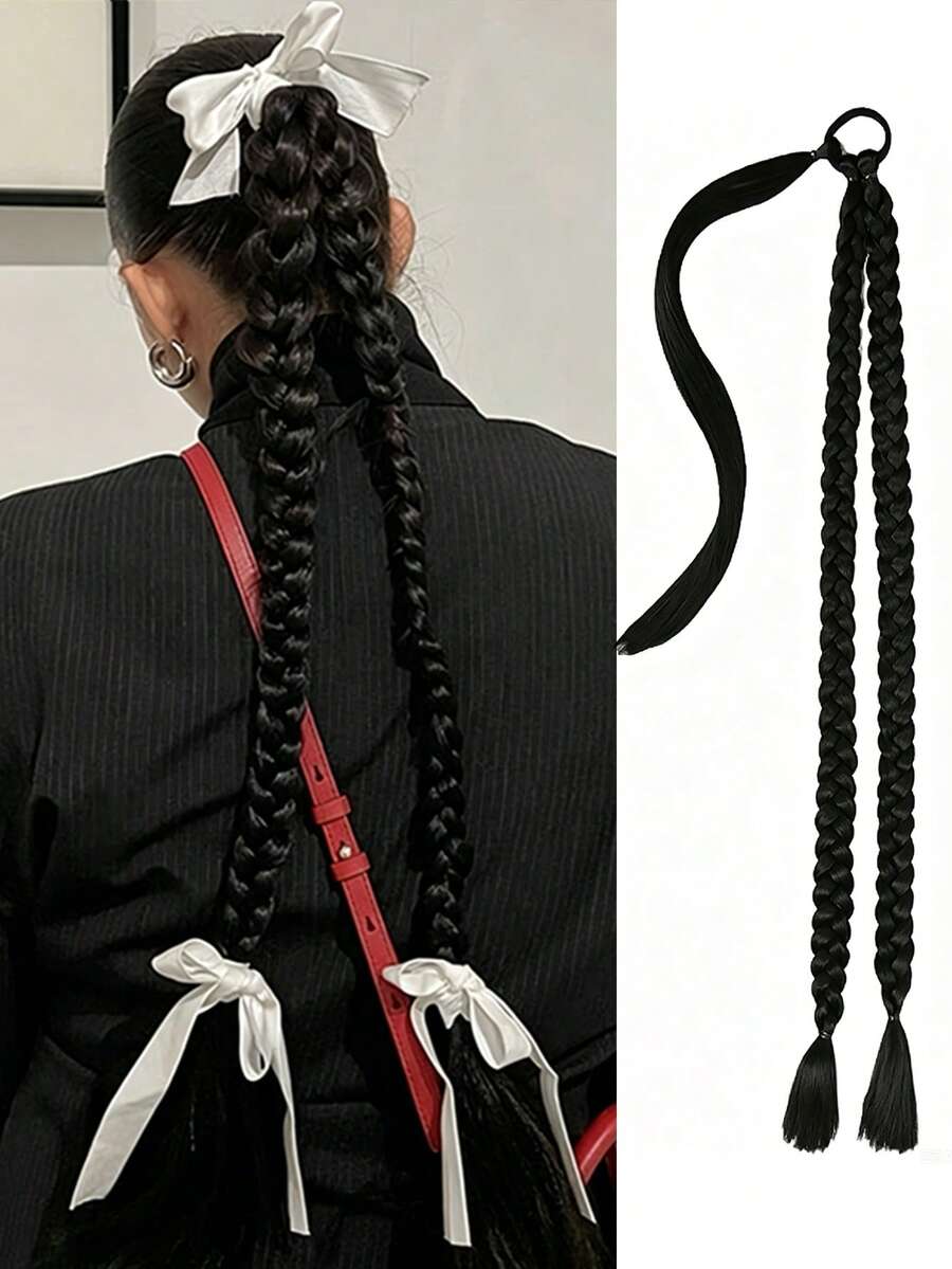 雙辮馬尾假髮,30英吋長,附髮圈式編髮接髮,適合女性日常配戴與派對穿著 - 彩色 - 查看 1