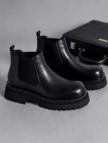 Herren Chelsea Boots im britischen Vintage-Motorradstil, lässige High-Top Leder-Slip-On Stiefel mit hohem Schaft, höhenvergrößernde Tube Boots für Friseure, Lederschuhe - Schwarz - Übersicht 2