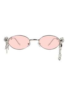 1 pieza Gafas de moda para mujer estilo Y2K con marco ovalado plateado, lentes transparentes rosa con colgante de cadena de estrella, gafas de moda para mujer de marco delgado de metal de nicho de subcultura, cadena de estrella desmontable con estilo dulce y fresco de personalidad, gafas de cadena para chica dulce y fresca, lentes rosa claro con marco plateado para decoración facial de atmósfera, gafas de moda para mujer de subcultura Y2K, marco ovalado de metal con cadena de doble capa para decoración de atuendo - Rosa - Ver 4
