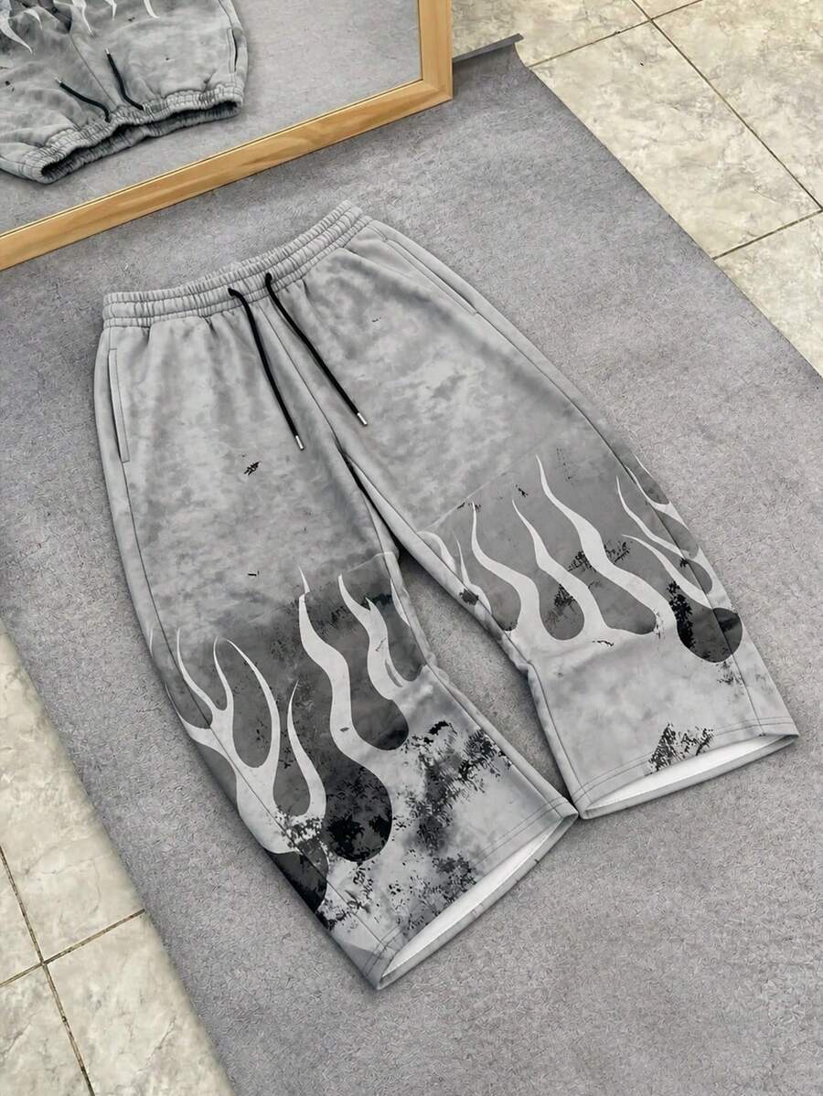 FRACTYR 男士夏季休闲街头风做旧扎染火焰印花宽松版型街头服饰深色高街风格双面印花长裤 - 深灰色 - 查看 1