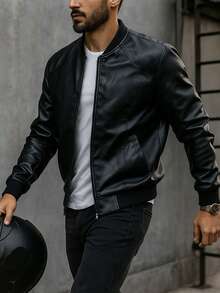 Men's Fashion Casual Zipper Leather Jacket, Spring/Autumn/Summer Racing Motorcycle Style Sports - Black - View 2