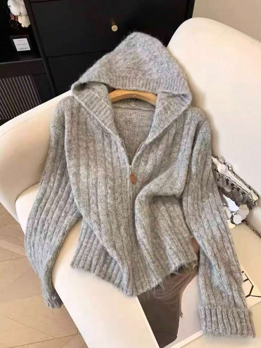 Women's Autumn/Winter Slouchy Zipper Hooded Long Sleeve Knit Cardigan Jacket, Casual Commute College Versatile Sweater - Grey - View 1