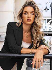 Black Ruched 3/4 Sleeve Blazer, Single Button Waist-Cinched Slim Fit Professional Commuter Jacket Fall - Black - View 6