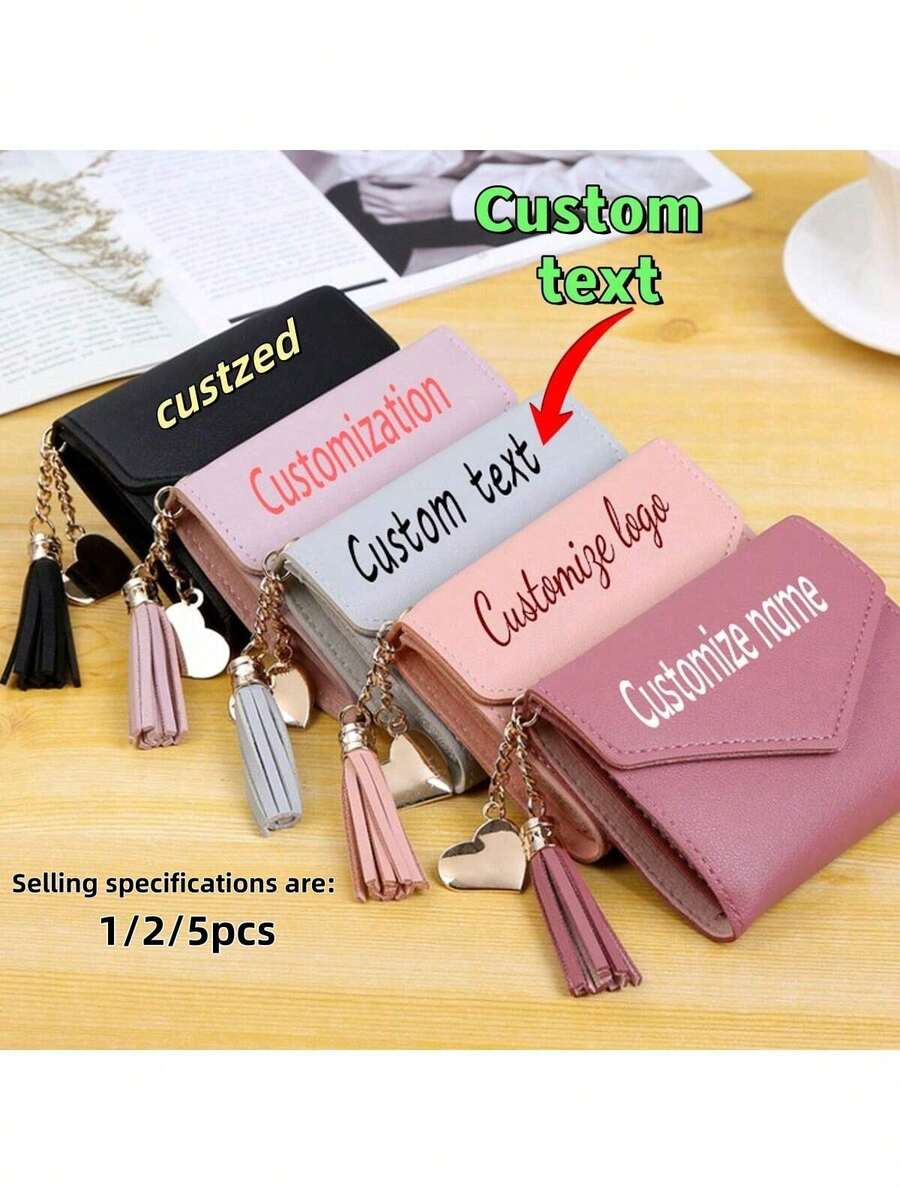 1/2/5pcs Personalized Heart-Shaped Tassel Wallet - Customized Text Women's Card Holder & ID Sleeve, Perfect Gift For Girlfriend - Multicolor - View 1