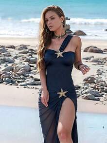 Conjunto de traje de baño de una pieza negro sexy con acento de estrella y falda para vacaciones en resort de playa de alta gama y moda de verano - Azul marino - Ver 6
