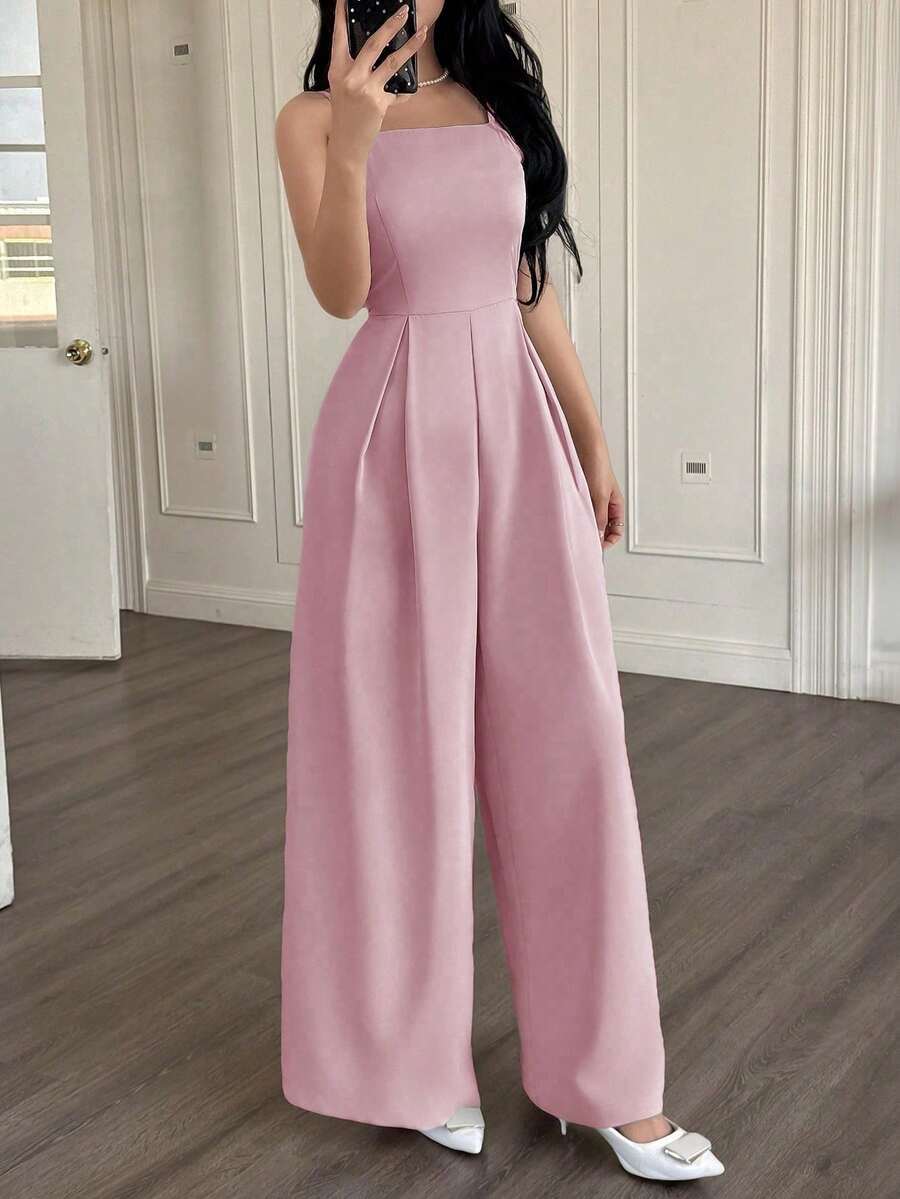 2026 Mono de pierna ancha holgado con pliegues plegados de unicolor para uso casual y diario de verano para mujeres - Rosa - Ver 1