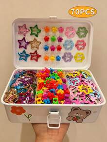 70pcs/Set Cute Colorful Star & Flower Hair Clips Set, Young Girls Candy Color BB Clips, 3D Star Design, Strong Grip Without Damaging Hair, Suitable For Buns, Loose Hair, Daily, Performance, Photo Styling Multi-Functional Accessories - Green - View 9