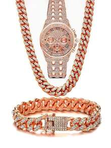 3pcs/Set European & American Hip Hop Cuban Bracelet Necklace Watch Gift Set Quartz Watch - 3pcs - View 3