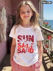 Camiseta de algodón personalizada, cuello redondo de manga corta para primavera/verano, estampado de dibujos animados, adecuada para el ocio diario, vacaciones, playa, niños - Blanco - Ver 2