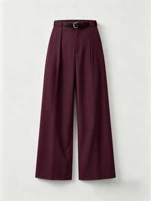 Elegant Solid-Color Mid-Rise Straight-Leg Trousers With Belt For Spring - Bordeaux - View 1