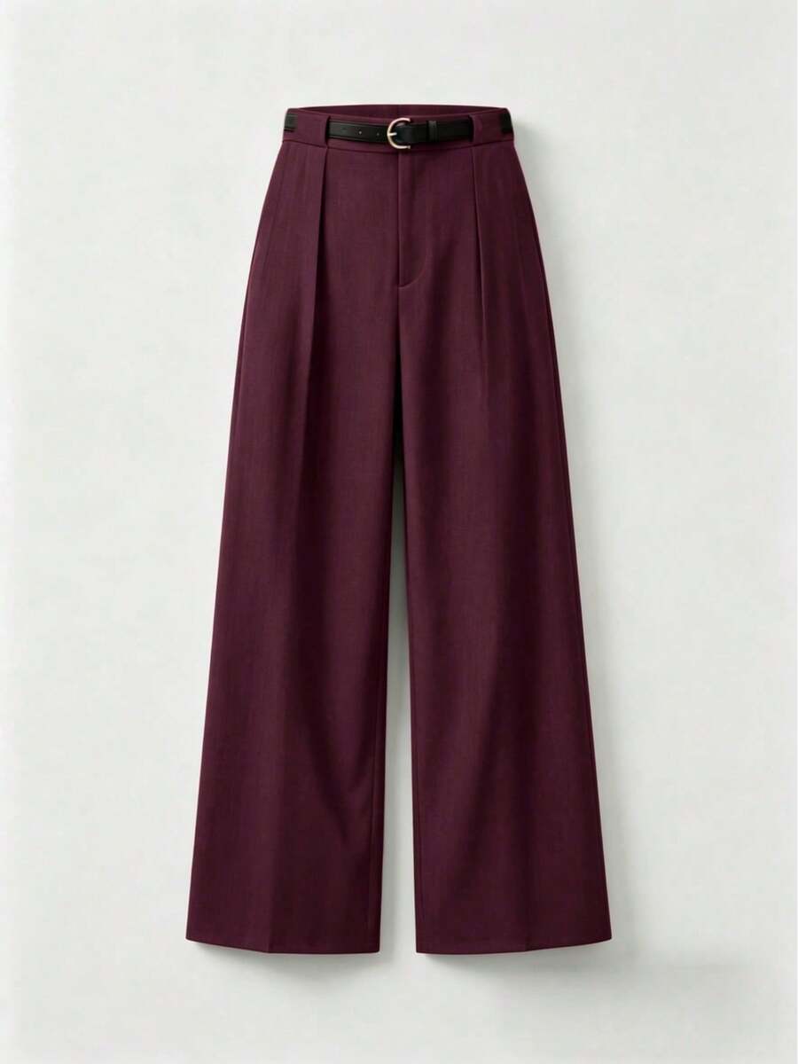Elegant Solid-Color Mid-Rise Straight-Leg Trousers With Belt For Spring - Bordeaux - View 1