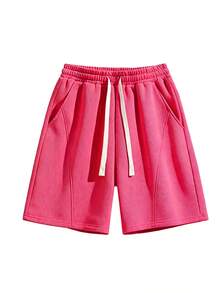 Minimalist Solid Color Drawstring Bermuda Sweat Shorts For Men, Versatile Casual Fitness Shorts Sports - Rose Red - View 2