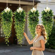 2pcs Set Artificial Peace Lily And Mandara Vine Combination, Suitable For Outdoor Garden Hanging Decor, Archway Styling, Window Sill Display, Wedding And Patio Decoration - Multicolor - View 5
