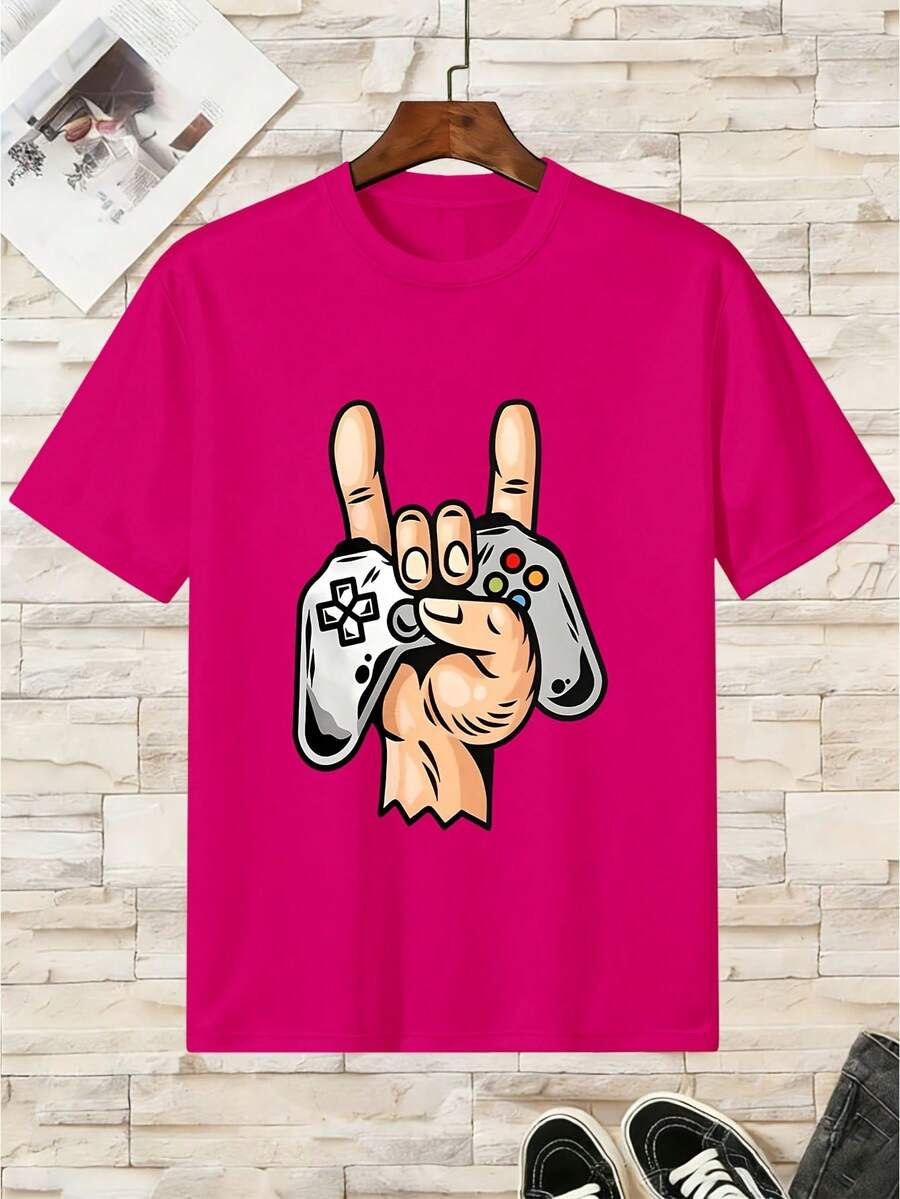 Pure Cotton T-Shirt For Boys With Video Game Controller Design - 玫紅色 - 查看 1