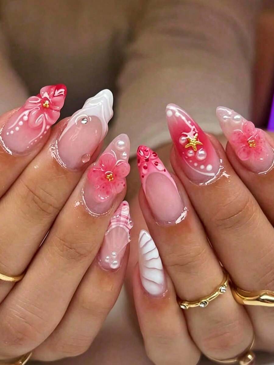 24片/組 法式杏仁形海洋風優雅3D水滴盛開花朵甜美可穿戴全覆蓋假指甲片，打造甜美造型，適合日常約會美甲 - 彩色 - 查看 1