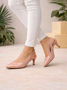 Scarpin Feminino Slingback Verniz Salto Médio 7cm Bico Fino Clássico  Casual    Escritório - Bege - Visão 3