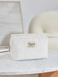 1 pieza/3 piezas Bolsa de maquillaje con diseño de gofre, bolsa de aseo de viaje para mujer, bolsa de almacenamiento de cosméticos de gran capacidad, bolsa de cuidado de la piel portátil, el amor hace que el mundo gire - Blanco - Ver 15