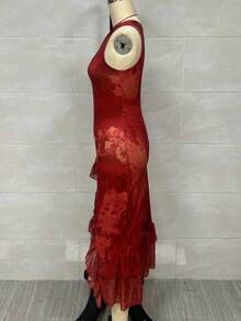 New 2026 Retro Style Dress With Mixed Print, Long Holiday Dress With Irregular Ruffle Hem European Style - 藏蓝色 - 查看 7