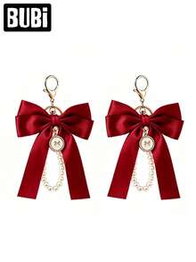 Pearl Bow Keychain, Women's & Girls' Fashion Accessory, Universal Bag Charm, Car Key Chain, Wrist Strap Handbag Decoration, Holiday Gift, Car Accessory - Red - View 19