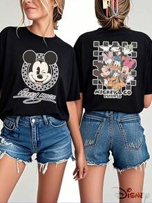 Disney Casual Cotton Mickey Mouse Print Short Sleeve Regular Round Neck T-Shirt, Short Sleeve Round Neck Cotton T-Shirt, Regular Fit Top For Everyday Style - 黑色 - 查看 1